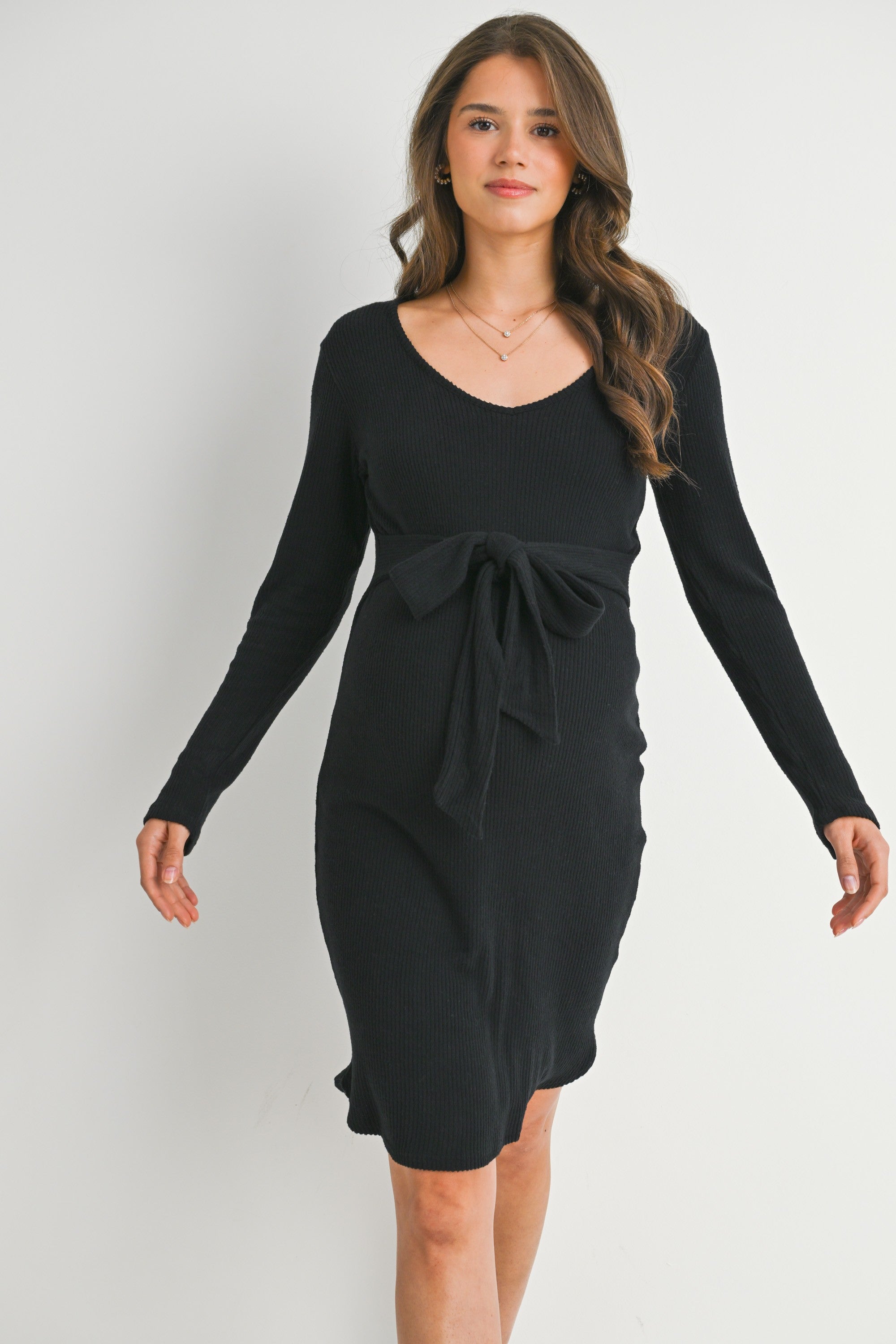 Ribbed Long Sleeve Tie Waist Maternity Knit Dress - Black - Spring Collection