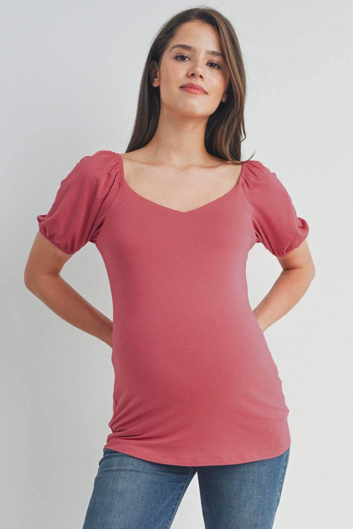 Dark Rose Short Sleeve Maternity Fitted V-Neck Top, Tee - Spring Collection