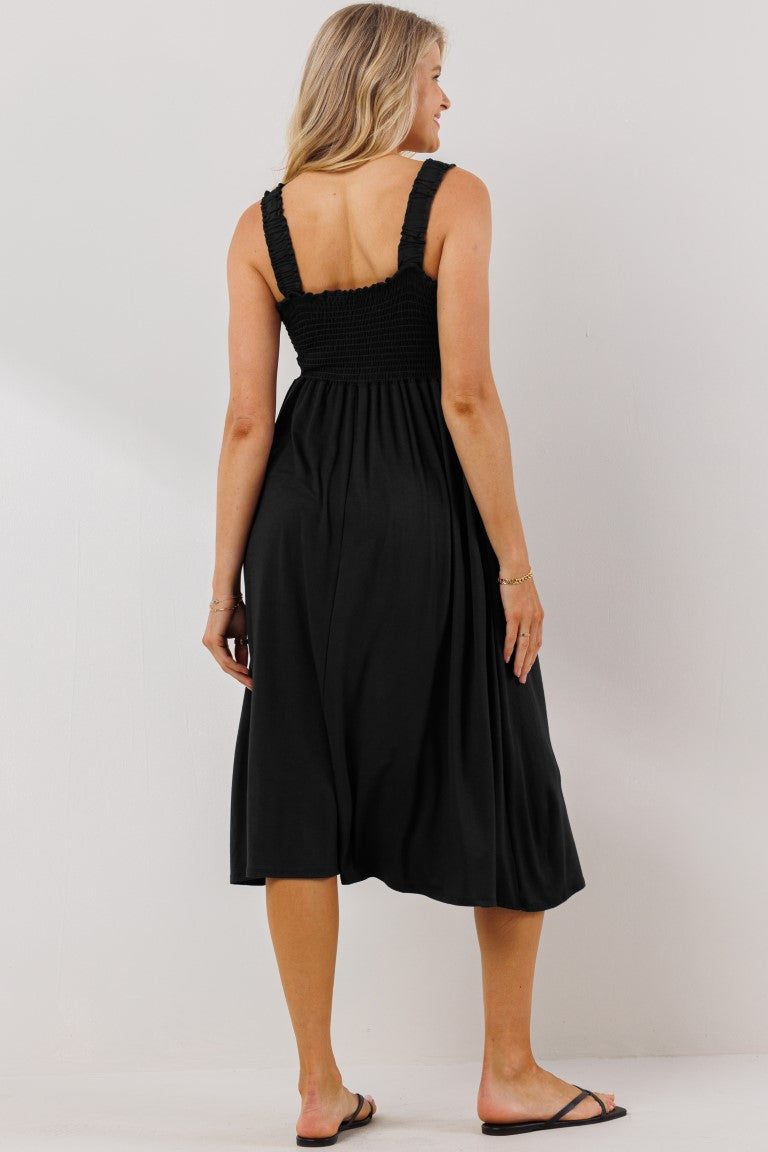 Solid Smocked Bodice Maternity Jersey Midi Dress - Black - Spring Collection