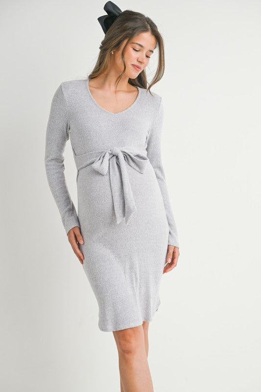 Ribbed Long Sleeve Tie Waist Maternity Knit Dress - Gray - Spring Collection

