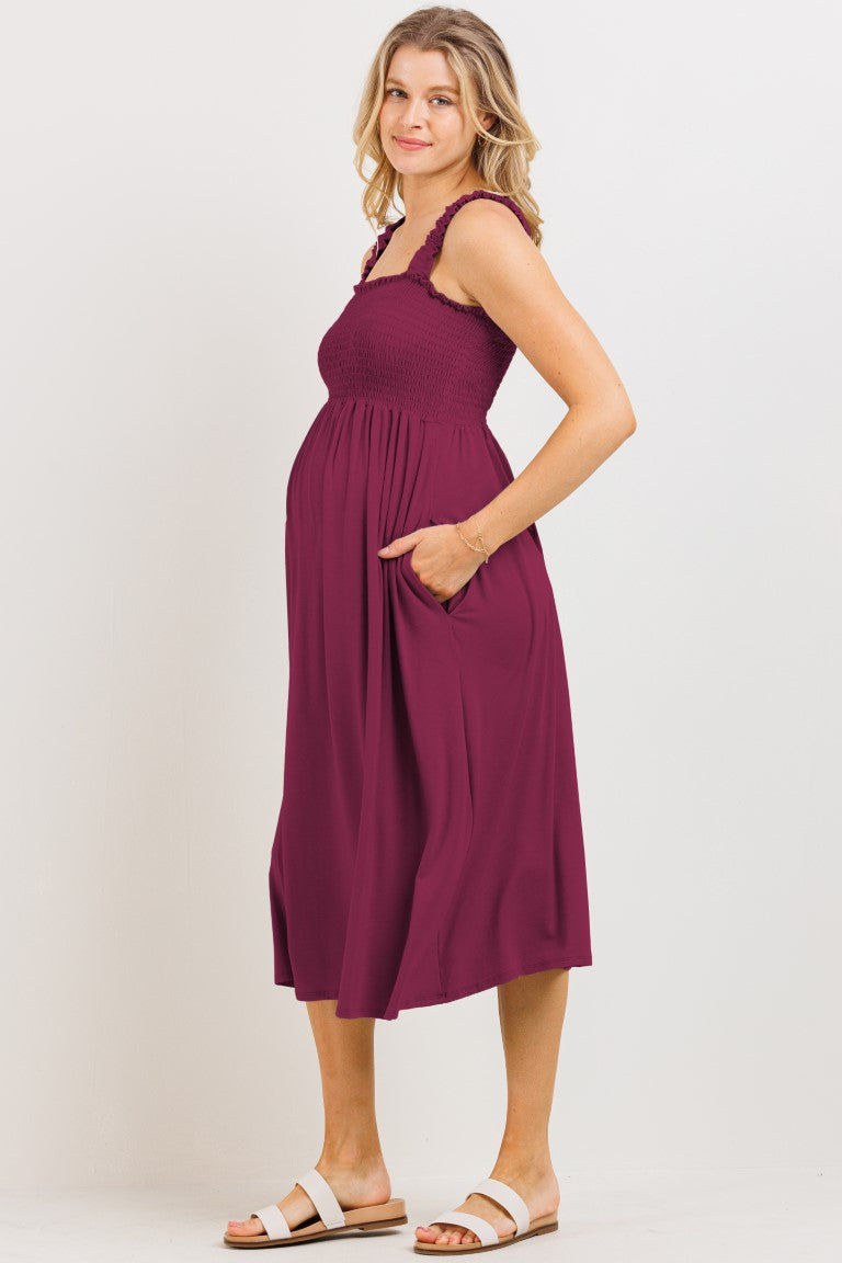 Solid Smocked Bodice Maternity Jersey Midi Dress - Magenta - Spring Collection