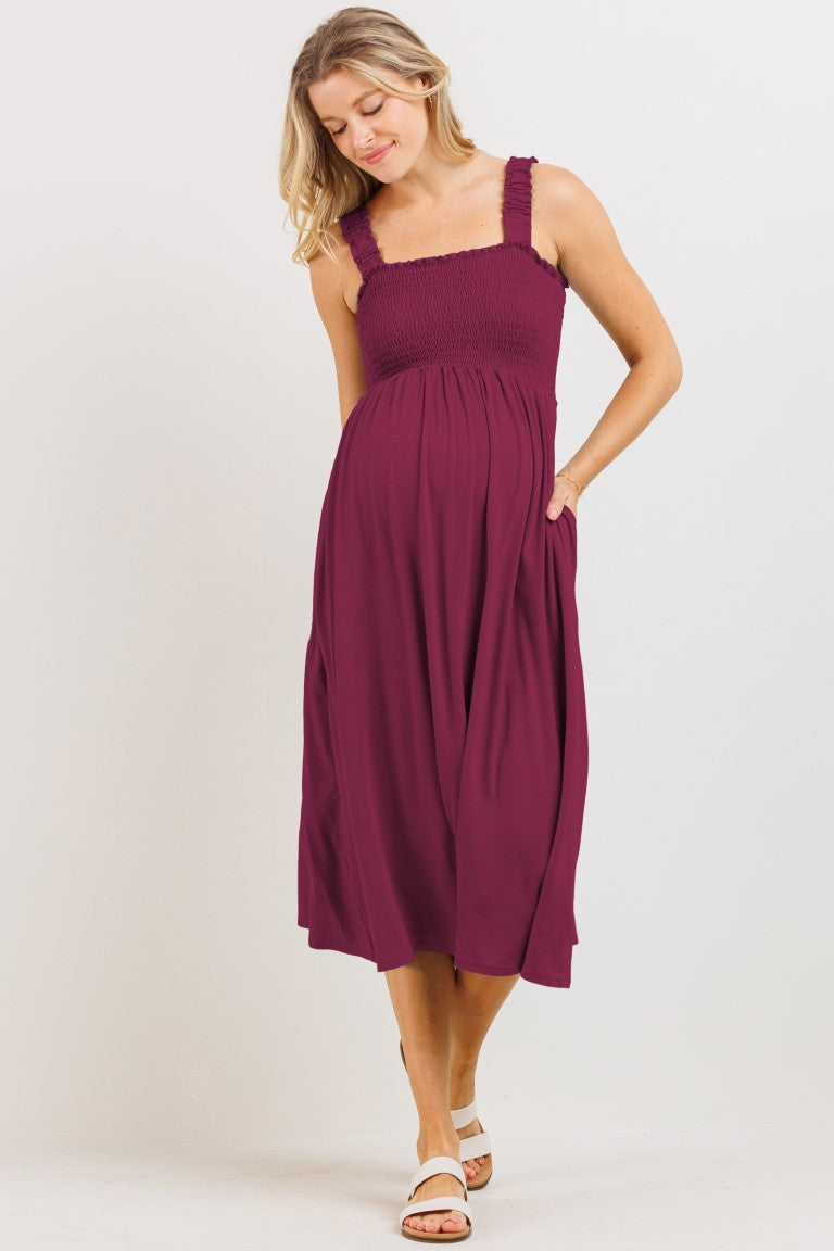 Solid Smocked Bodice Maternity Jersey Midi Dress - Magenta - Spring Collection