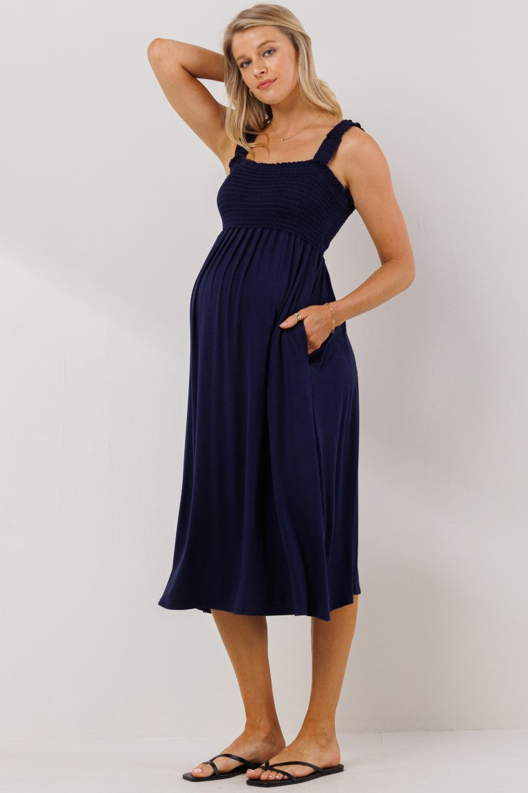 Solid Smocked Bodice Maternity Jersey Midi Dress - Navy - Spring Collection