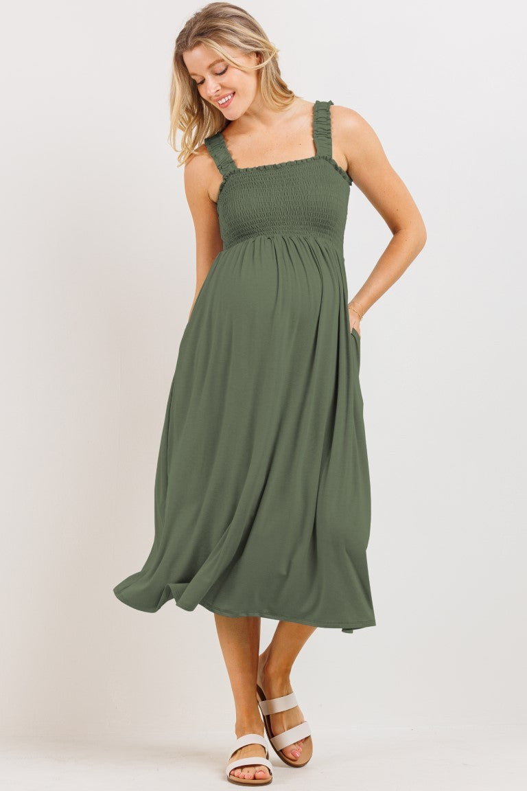 Hello Miz Maternity Smocked Bodice Sleeveless Dress with Ruffle Straps - Olive Hello Miz Maternity Smocked Bodice Sleeveless Dress with Ruffle Straps - Olive