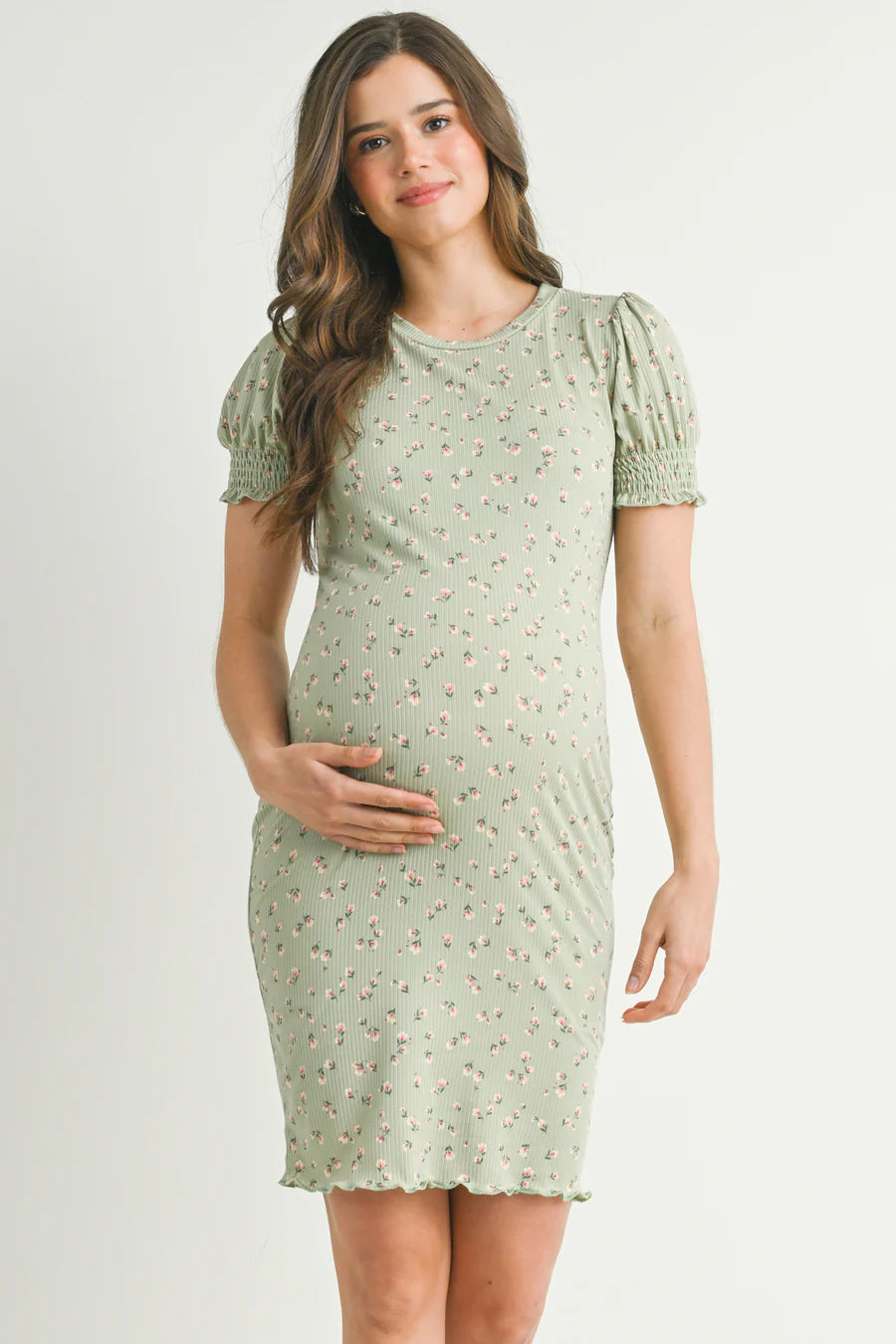 Floral Puff Sleeve Maternity Dress - Sage - Spring Collection